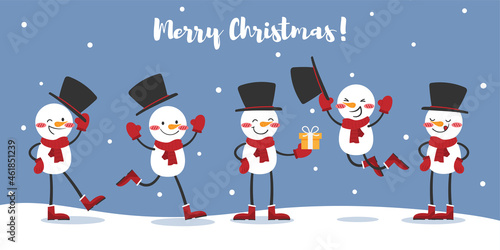 Christmas holiday season banner of a group of cute snowman wear red scarf and black hat on snow floor with light blue sky background with Merry Christmas text and snowflakes falling.