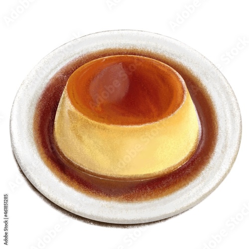 Caramel pudding brown sugar on plate illustration white background isolated food and dessert drawing idea