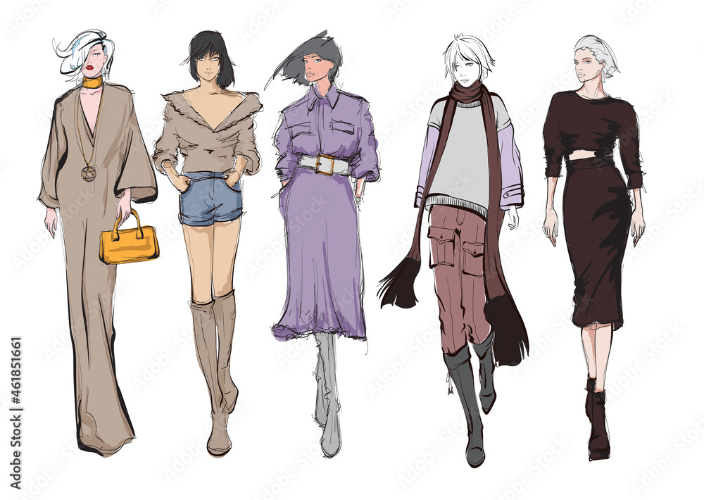Fototapeta premium Young beautiful woman in stylish clothes. Sale concept. Hand-drawn fashion illustration
