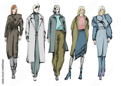 Young beautiful woman in stylish clothes. Sale concept. Hand-drawn fashion illustration