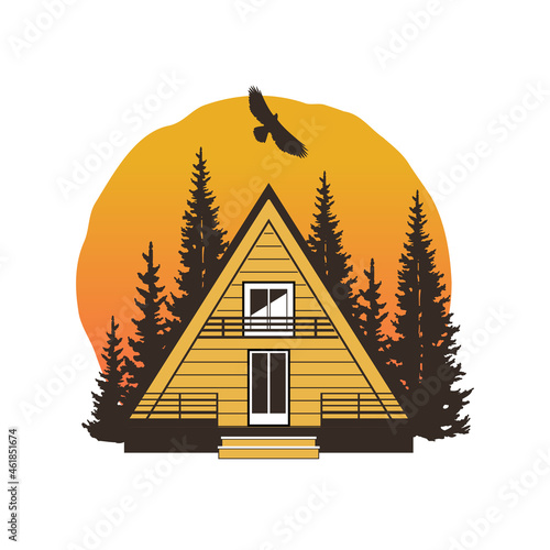 Wooden A-frame house surrounded by fir trees. Rest at nature.  Vector illustration in minimalist style 