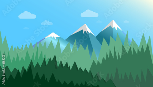 landscape illustration of snowy mountains and forest