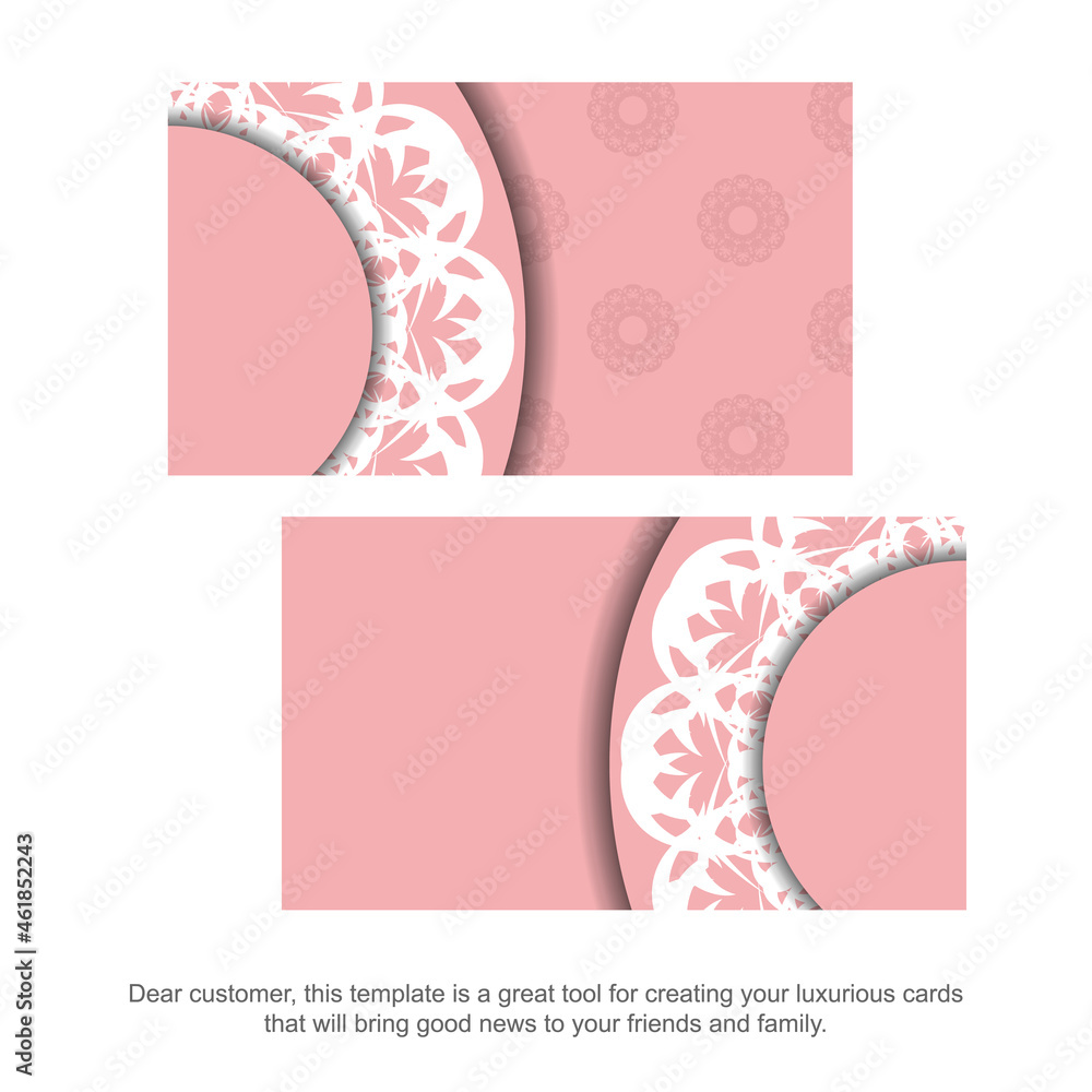 Pink color business card template with Greek white ornaments for your brand.