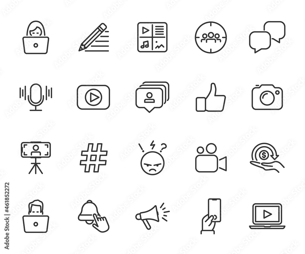 Vector set of blogger line icons. Contains icons blog, podcast, content, target audience, vlog, hate, subscribe, hashtag and more. Pixel perfect. Vector set of blogger line icons. Contains icons blog, podcast, content, target audience, vlog, hate, subscribe, hashtag and more. Pixel perfect.