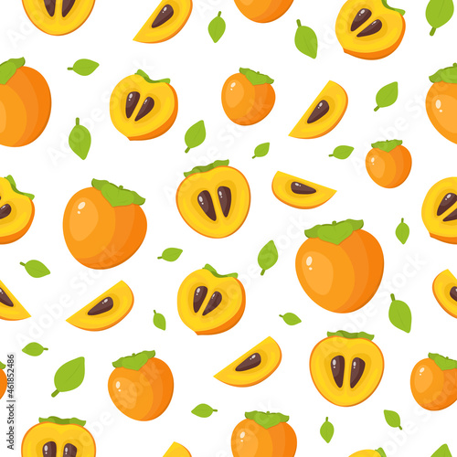 Bright persimmon seamless pattern with half, slice and whole fruit