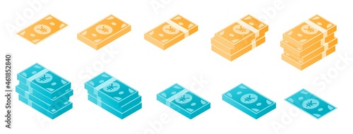 Japanese Yen Banknote Isometric Icon Set