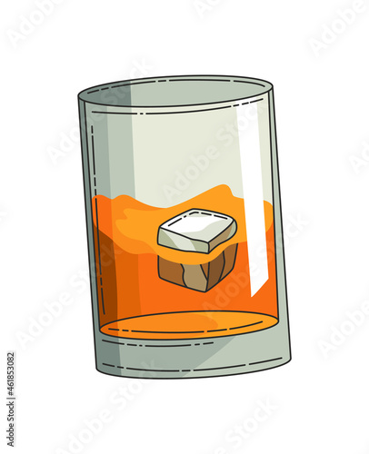 Glass of whiskey with ice. Realistic vector glass with smokey scotch whiskey isolated on white background. Glass and drink