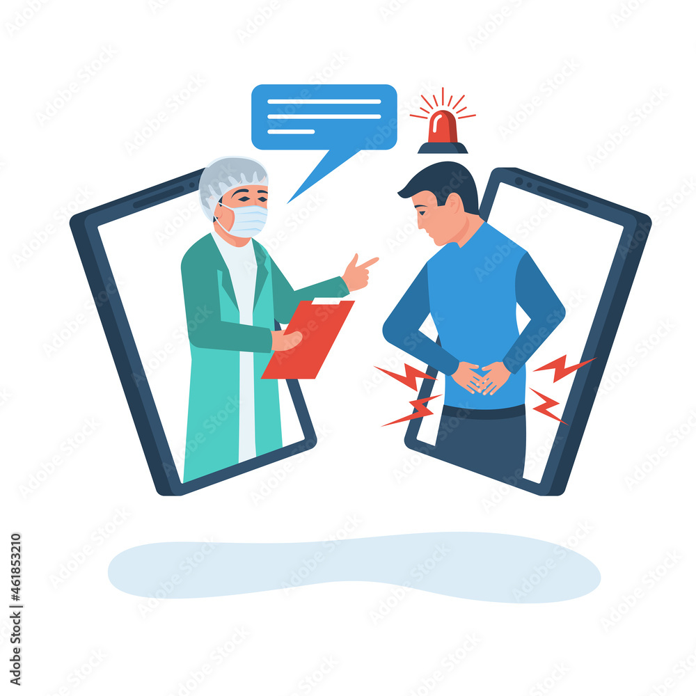 Online doctor. The patient calls the doctor. Online help to the patient. Vector illustration flat design. Isolated on white background. Treatment remotely.