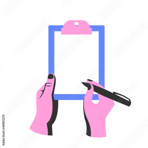 Man holds in hand clipboard with clean sheets. Empty blank.Vector illustration, flat design.Template for text. Vector illustration flat design. Isolated on white background.