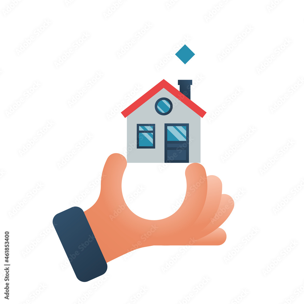 Home in hand. Hand holding house. Real estate agent handing over home. Template for sale or gift. Vector illustration flat design. Isolated on white background.