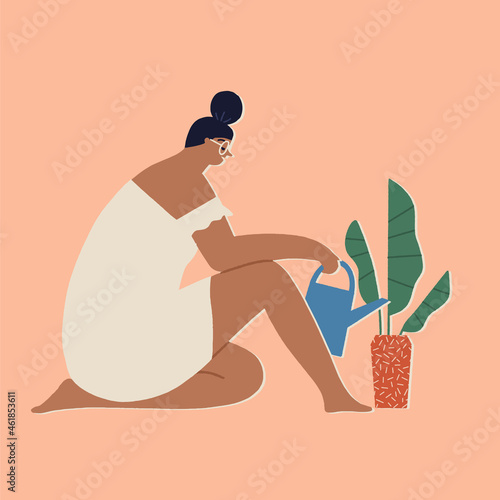 Woman at home watering house plants, leisure indoor activity during period of coronavirus quarantine, self isolation and social distancing illustration.