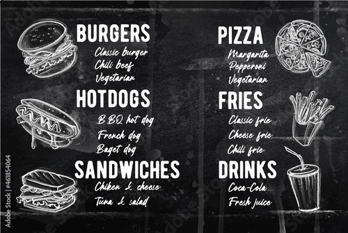 Chalkboard menu fast food and drinks for cafe and street restaurant