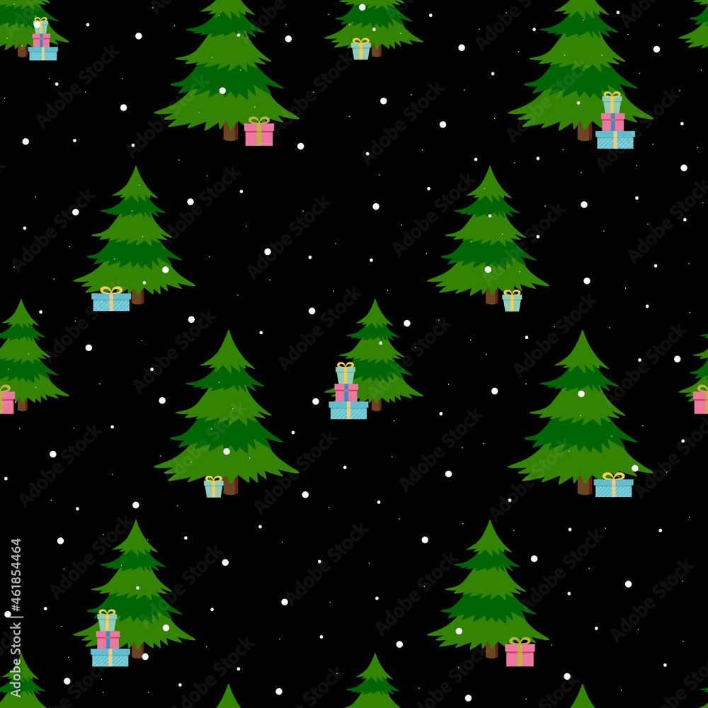 Christmas tree with gifts and snowfall. Seamless christmas pattern.