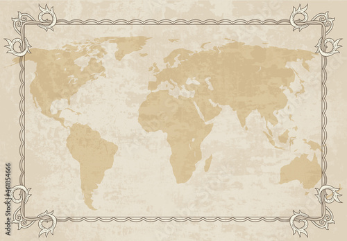Old world map with frame. Retro design banner. Decorative antique museum picture. Element for marine theme and heraldry. Vector paper texture