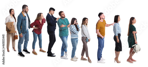 People waiting in queue on white background. Banner design photo