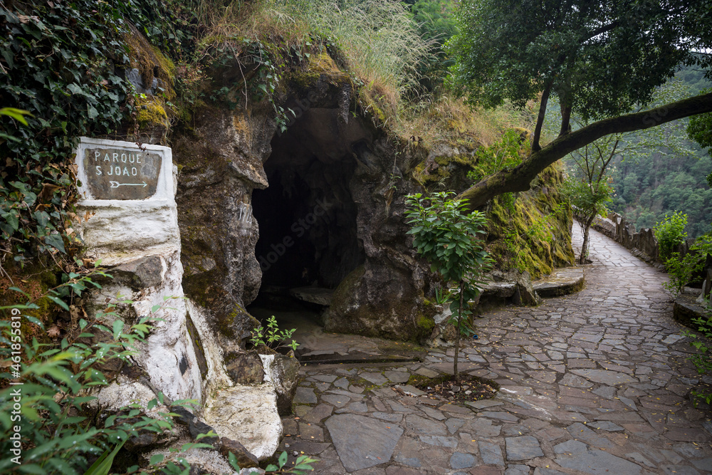 Parque S Joao, the cave of the fountain at the Natural and landscaped complex of Our Lady of Mercy, Lousa, Portugal