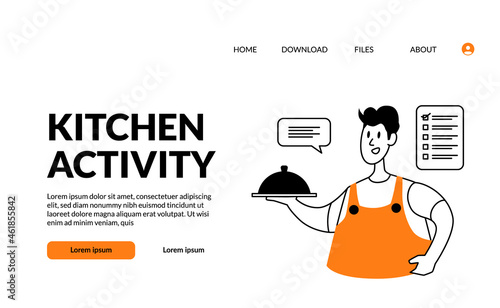 flat outline modern illustration kitchen activity man bring food with lid