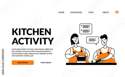flat outline modern illustration kitchen activity woman and man couple cooking together with fun and happy