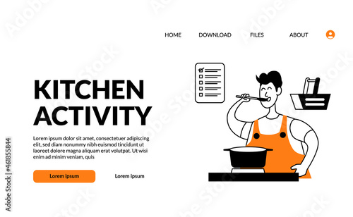 flat outline modern illustration kitchen activity man cooking and taste food