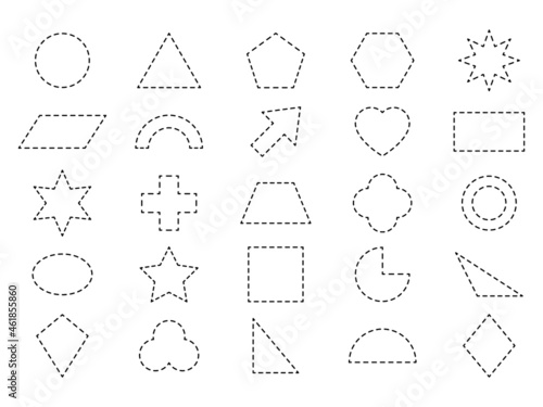 Geometric line shapes set. Educational linear spotted figures. Basic cutting forms. Vector isolated on white