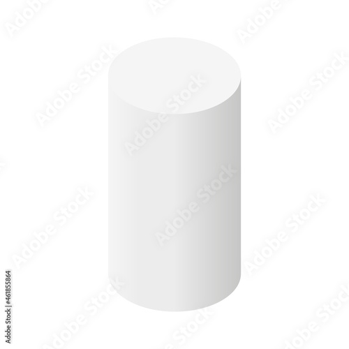 Gray 3d cylinder shape. Round podium white icon. Empty stage place. Pedestal circular symbol. Vector isolated on white