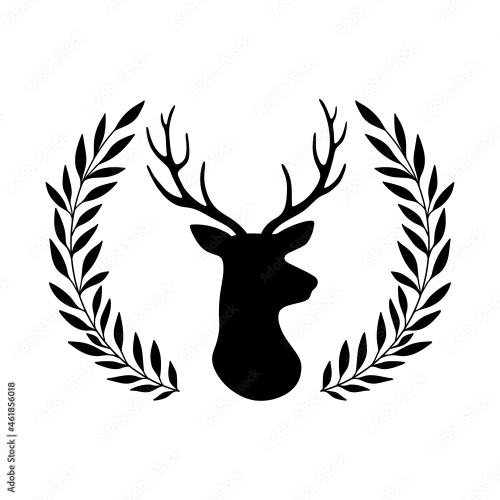 Fototapeta premium Silhouette of deer head and antlers and wreath of leaves. Vector illustration. Isolated on white background.