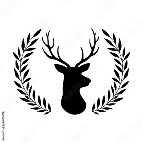 Silhouette of deer head and antlers and wreath of leaves. Vector illustration. Isolated on white background.