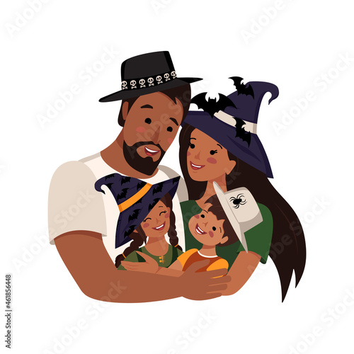 Happy Latin family in costumes for Halloween. Dad, mom, daughter and son in witch hats for the autumn carnival. People with dark skin and black hair hug