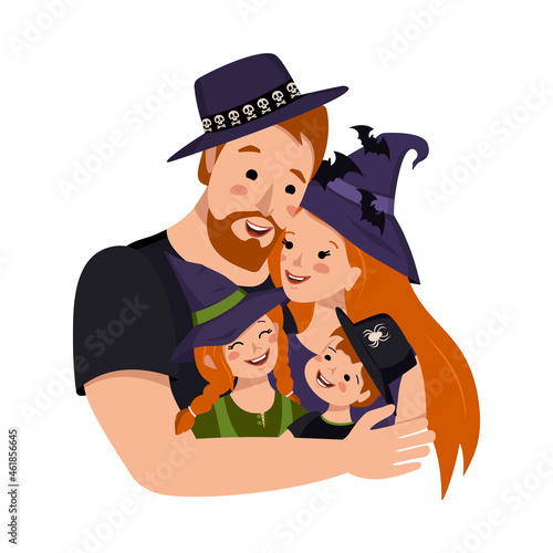 Happy family with red hair in costumes for Halloween. Dad, mom, daughter and son in witch hats for the autumn carnival.
