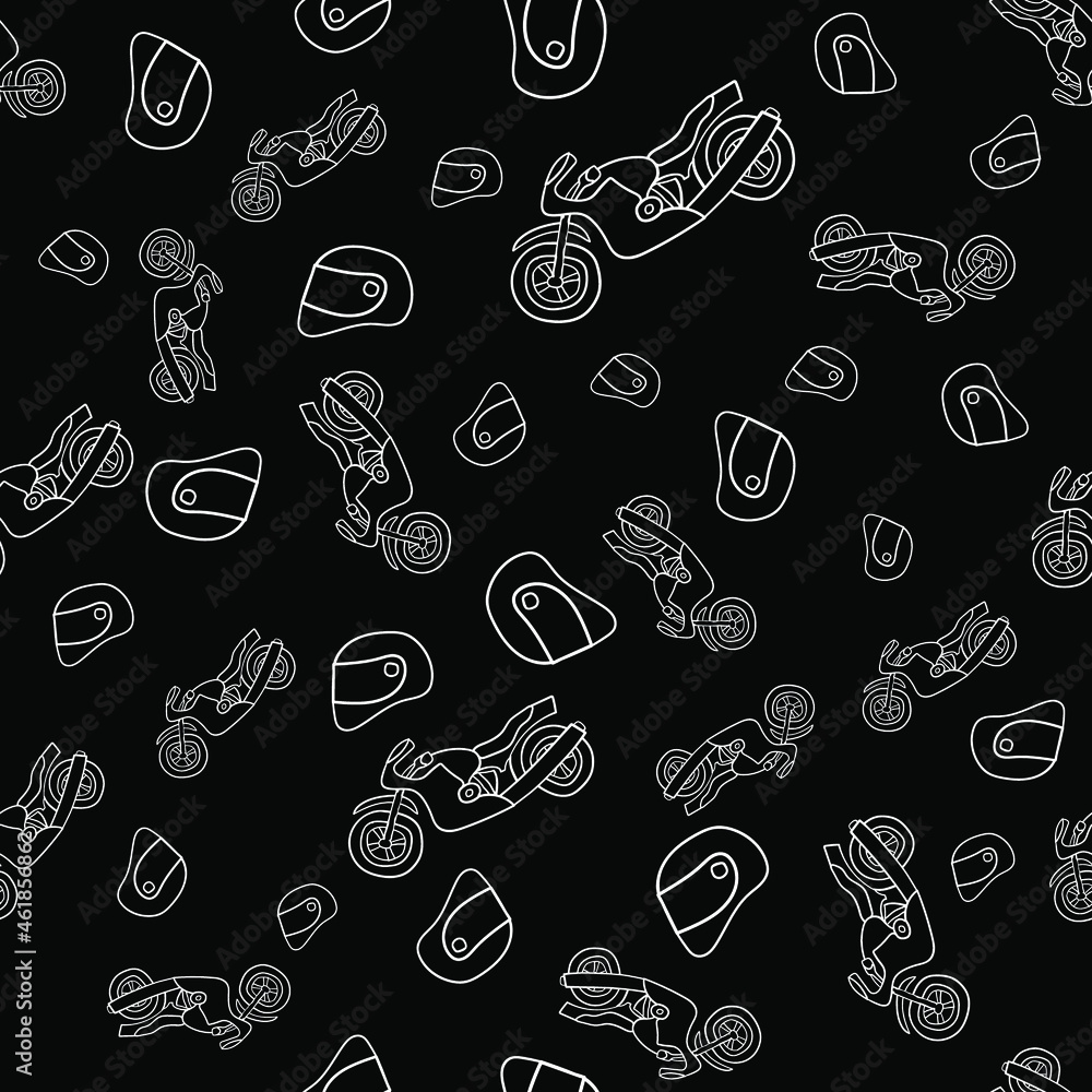 White motorcycle and helmets on a black background. Vector seamless pattern