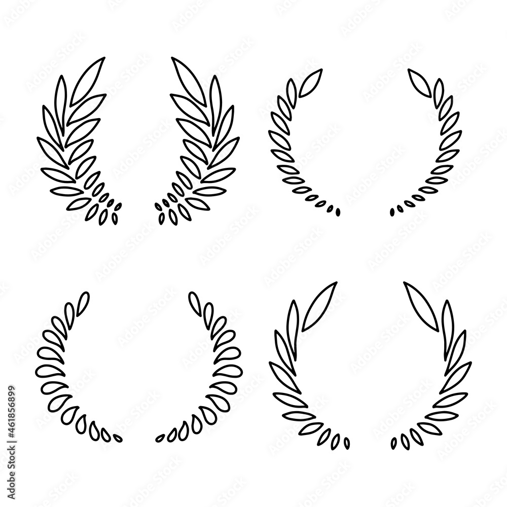 Laurel wreath. Set of outline vector hand drawn laurel wreaths isolated on white background. Doodle style. Outline floral frames.