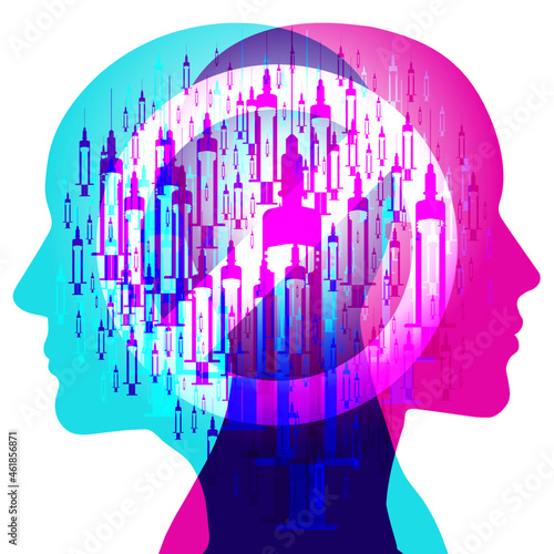 A female and male side silhouette positioned back-to-back, overlaid with various sized semi-transparent syringes. A transparent circular “NO” symbol is placed centrally between the 2 profiles.