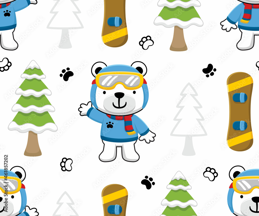 Seamless pattern vector of funny bear cartoon with snowboard sport elements