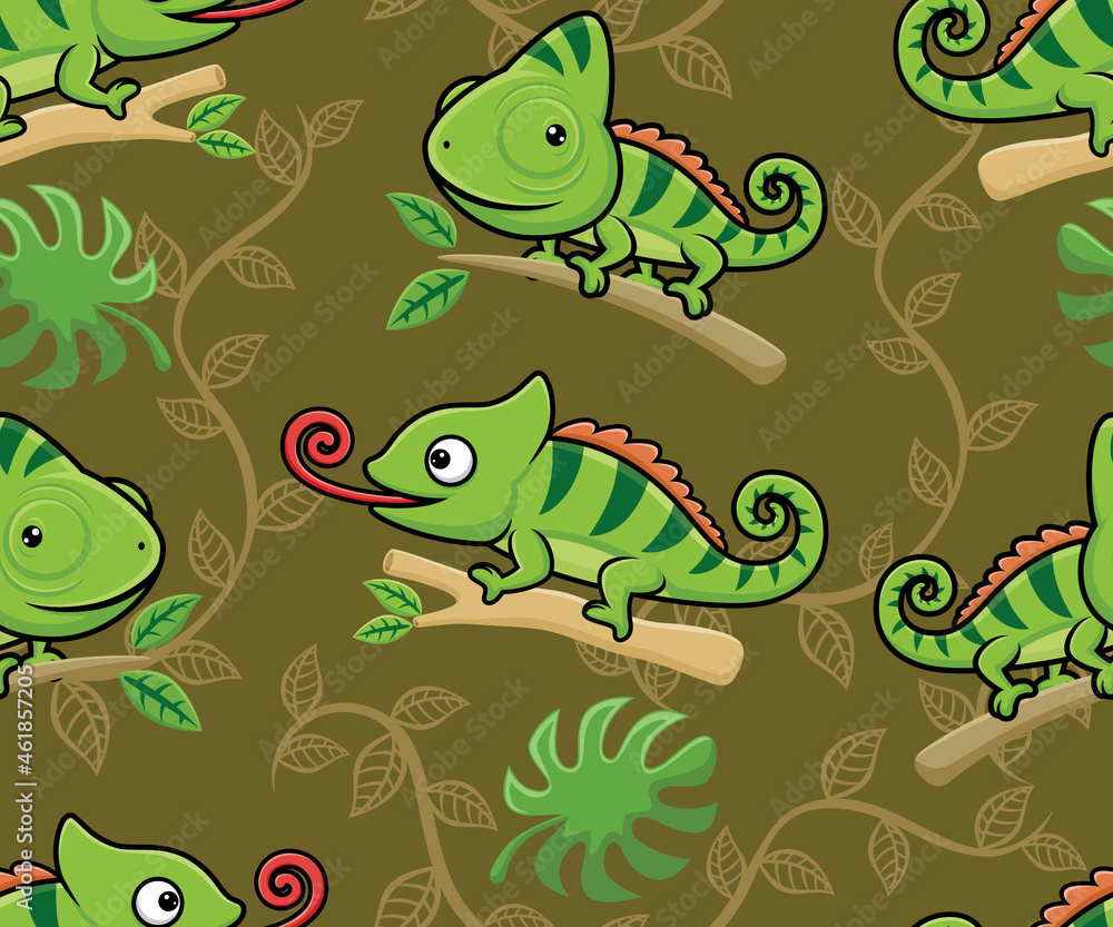 Seamless pattern vector of chameleon cartoon on tree branches