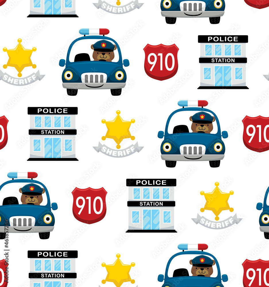 Seamless pattern vector of funny bear driving police car with police elements cartoon Seamless pattern vector of funny bear driving police car with police elements cartoon