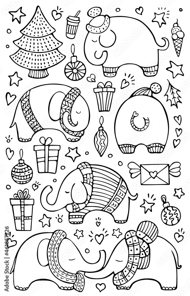 Set of cute hand-drawn elephants and Christmas elements isolated on white background.