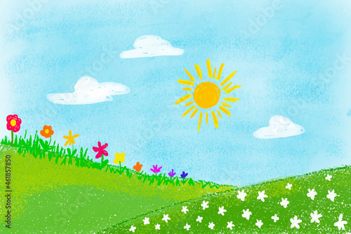 Crayon kid hand drawn landscape view with sun, mountains, meadow, flowers, clouds, land and flower field. Childlike crayon wax picture drawing, Vector illustration
