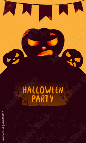 Vector dark brown Halloween party card with evil pumpkins, ghosts and flags.