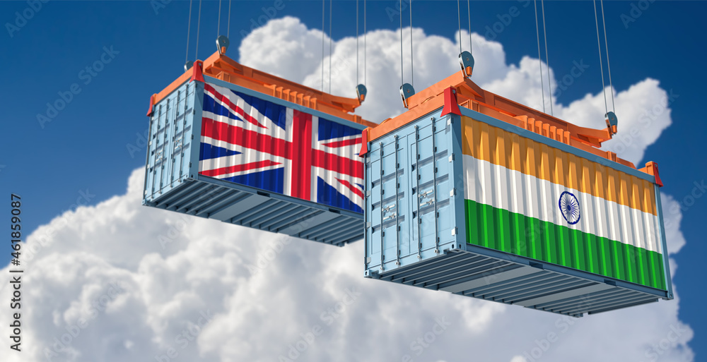 Freight containers with India and United Kingdom national flags. 3D Rendering 