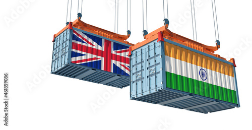 Freight containers with India and United Kingdom national flags. 3D Rendering 