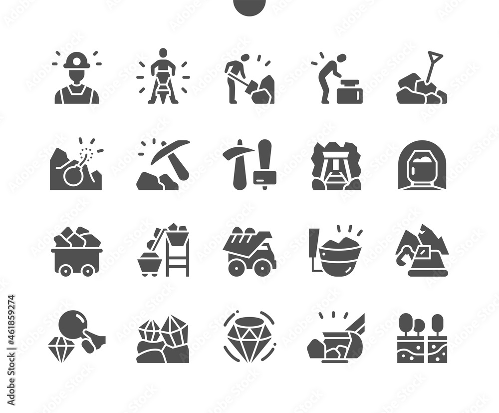 Mining. Diamond and mineral. Excavator. Engineering, machinery. Vector Solid Icons. Simple Pictogram