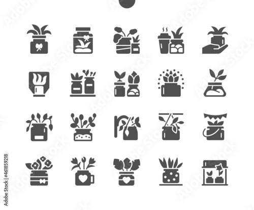 Plant in jars. Flower in pot. Garden and home decoration. Plant, leaf, nature. Vector Solid Icons. Simple Pictogram