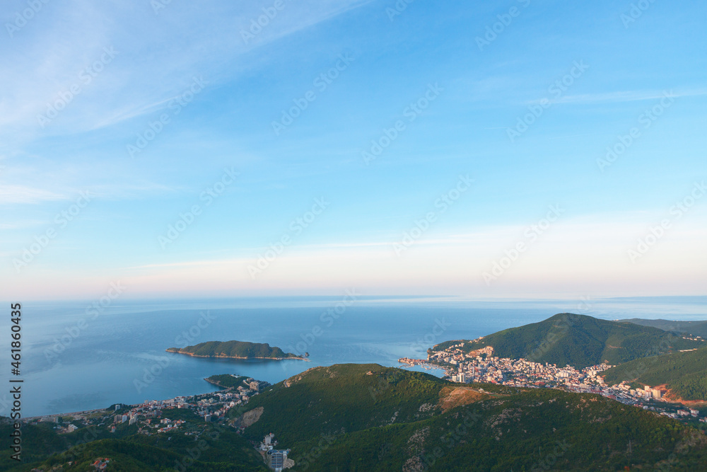 Mountains and Sea Panorama . Budva Montenegro Aerial view . Adriatic Sea and Balkans mountains landscape