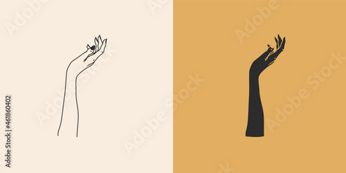 Hand drawn vector abstract stock flat graphic illustration with minimal logo element collection set,occult mystery witch hands touch line drawing and silhouette,magic art in simple style for branding.