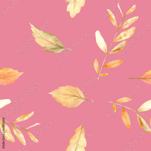 Watercolor autumn seamless pattern with hand painted cozy symbols of fall season.