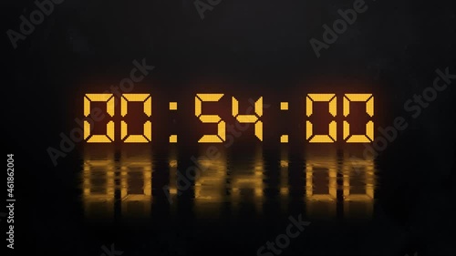 Electronic timer, 60 seconds. Stopwatch orange dial in reflection. 3D video. 