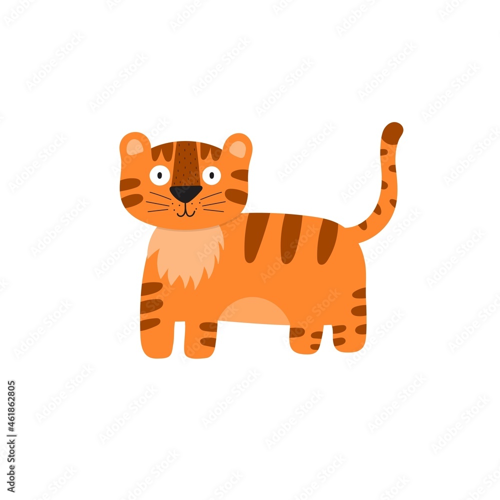 Cute tiger in cartoon style isolated element. Print for kids. Vector illustration