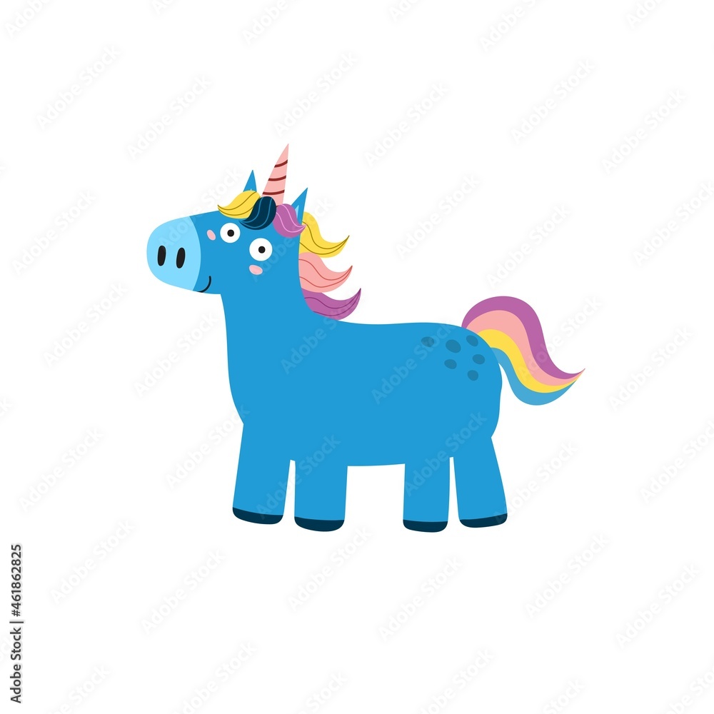 Fototapeta premium Cute unicorn in cartoon style Isolated element. Print with a blue magic horse for kids. Vector illustration 