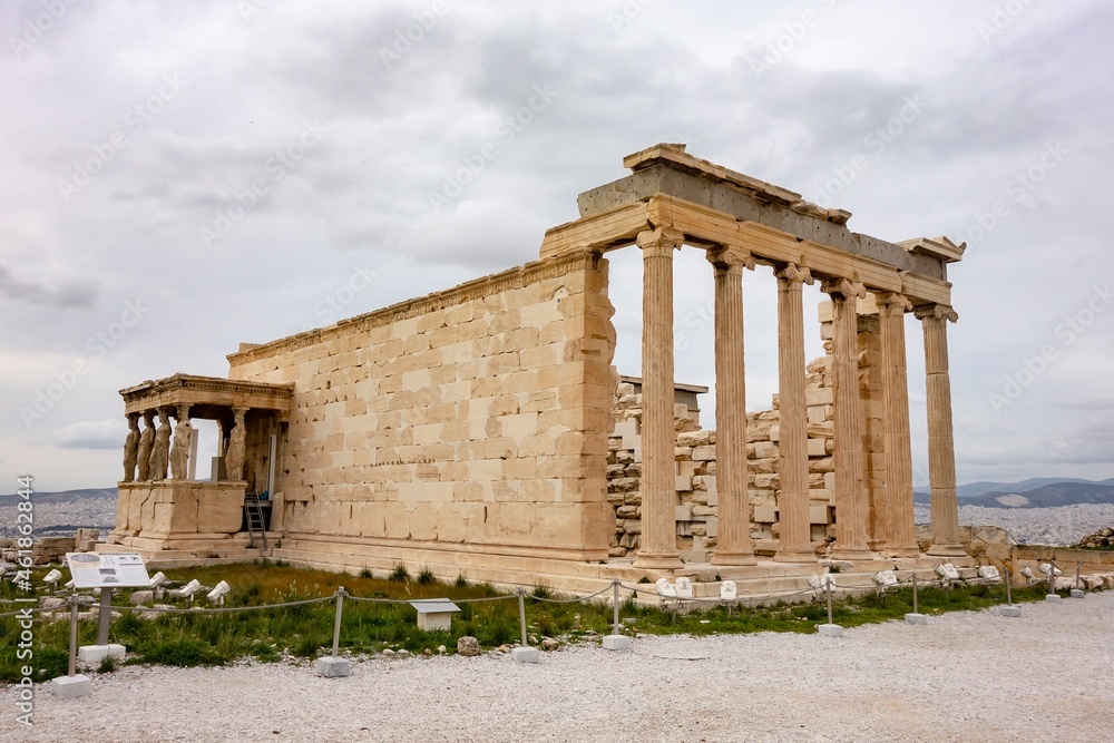 Ruins of ancient Erechtheion temple at Acropolis, Athens, Greece