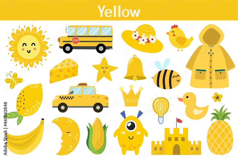 Yellow color objects set. Learning colors for kids. Cute elements